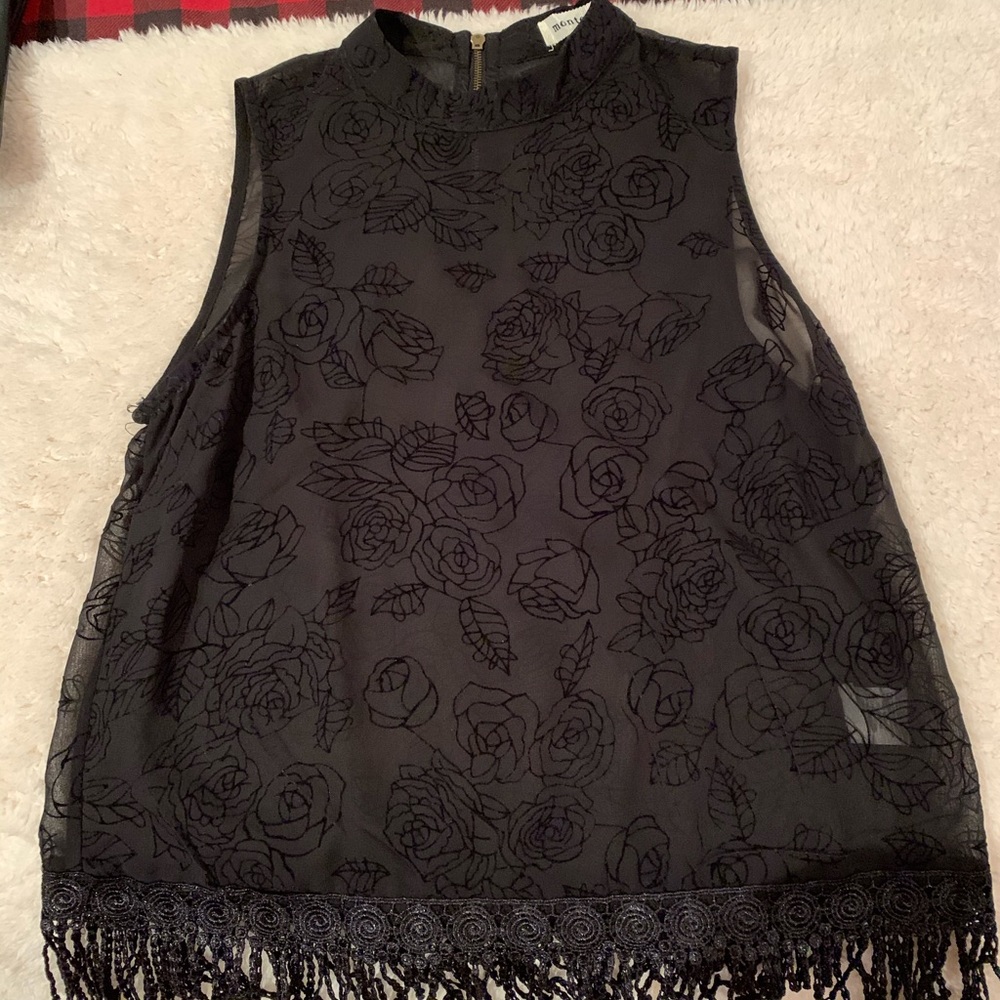 Sheer, black, rose flower detailed, tassel top